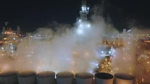 Commercial Factories Within Big Site As Seen at Night From Above