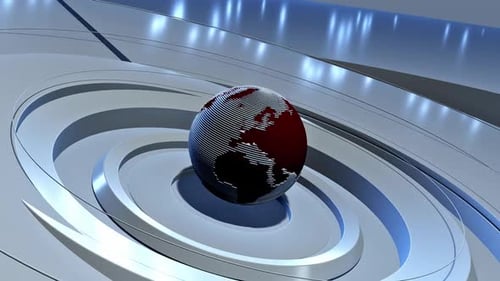 Modern Rotating Earth Globe with Corporate Abstract Rings Background