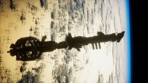 Futuristic Spaceship Orbiting Planet Against Sun Flare