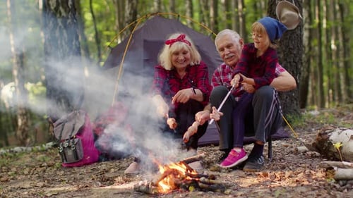 Family Camping Together Cooking Sausages in Forest