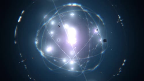 Energetischer Atomkern, umkreist von Elektronen auf blauem Hintergrund