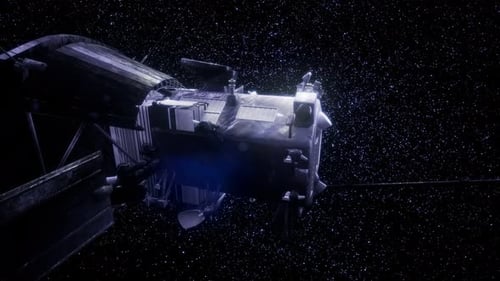 Futuristic 3D Satellite Moving Through Dark Starfield