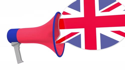 Animated Megaphone Announcing United Kingdom Flag Speech Bubble
