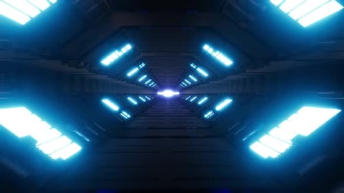 Fliegen Sie mit blauen Laser-Neonlinien 5 in einen futuristischen Metallkorridor