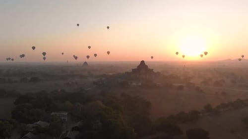 Aerial view of hot balloons in the Old Bagan temple site.