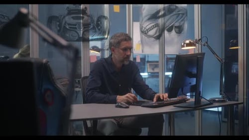 Designer Works at Computer in Modern Workplace