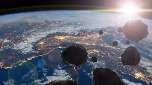 Asteroids Floating Around Earth in Space with Sun Flare