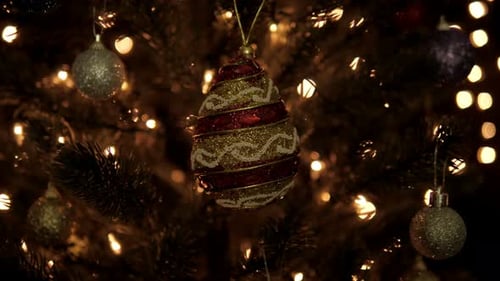 Close Up of Decorated Christmas Tree with Lights