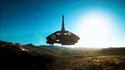 Futuristic UFO Flying Over Alien Planet Landscape
