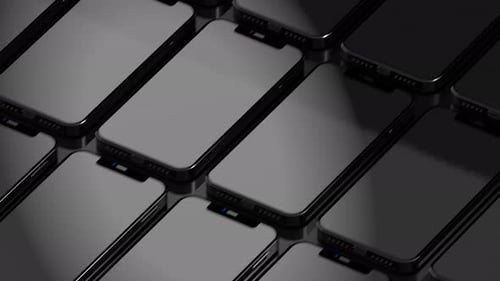 a large number of phones on the assembly line in orthogrammetric projection