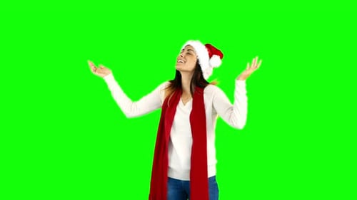 Woman Smiling with Christmas Hat on Green Screen