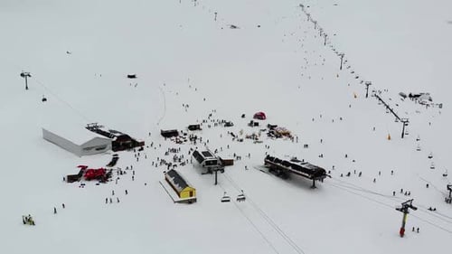 Drone Motion of Winter Ski Resort in Mountains