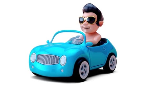 3D Animated Character Driving Blue Convertible Car