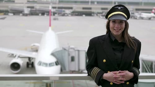 Confident Woman Pilot At An Airport Smiling