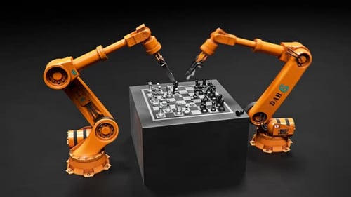 3D Rendered Animation of Robotic Arms Playing Chess