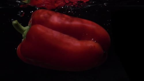 Rote Paprika fällt ins Wasser. Zeitlupe. Schwarzer Hintergrund. Video zum Thema Essen