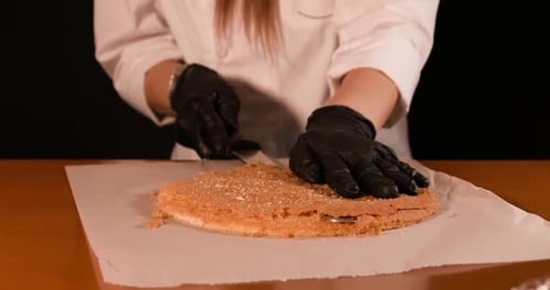 A Round Cake Tart is Cut with the Knife