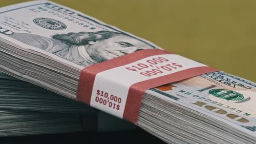 Dollars Bundles Rotate on Green Background Heap of Money