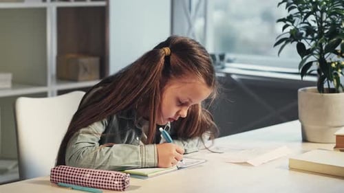 Young Girl Writing at Desk Indoors