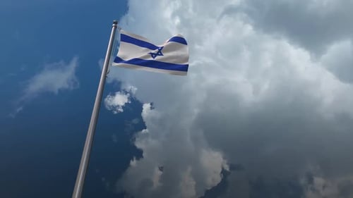 Realistic Israeli Flag Waving on Flagpole Against Cloudy Sky