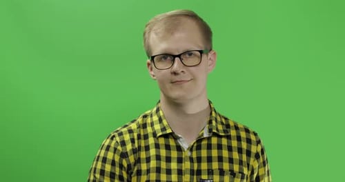 Adult Blond Man in Plaid Shirt on Green Screen
