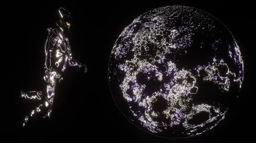 Futuristic Astronaut Floating in Space with Glowing Wireframe Planet