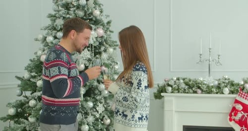 Casal feliz toca taças de champanhe, brinda e celebra juntos o novo ano de 2021 em casa em pé