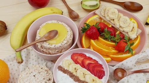 Healthy Breakfast Foods on Wooden Table