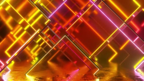 Movement of Glass Neon Blocks. Modern Orange Light Spectrum. Seamless Loop 3d Render