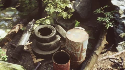 Discarded Car Tires in the Forest