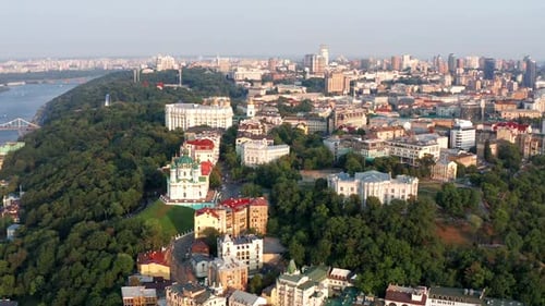 Top view of the center of the capital of Ukraine. Evening view of the houses. Beautiful flight.