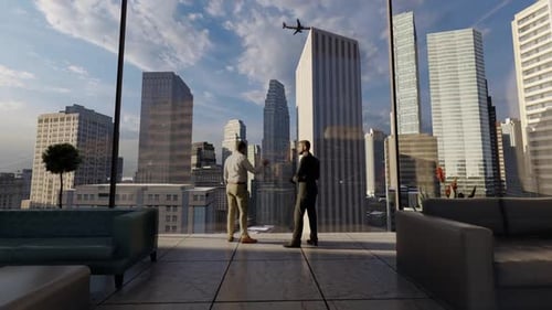Business Man Talking In Office And Looking At City Buildings