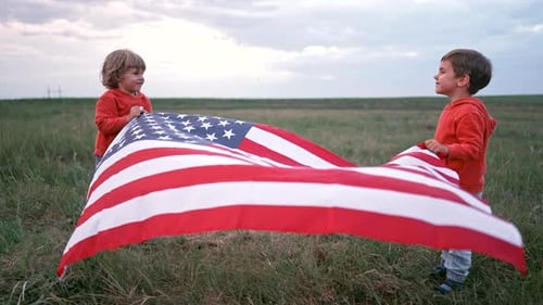 Children Holding American Flag in a Grassy Field