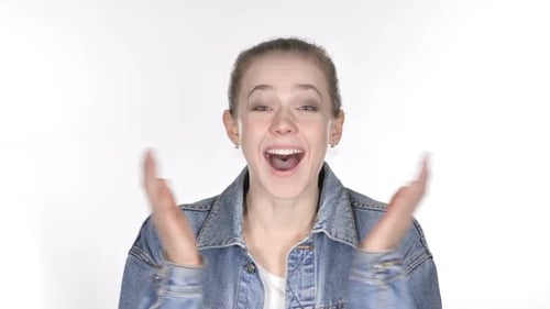 Surprised Woman Reacting with Joy on White Background