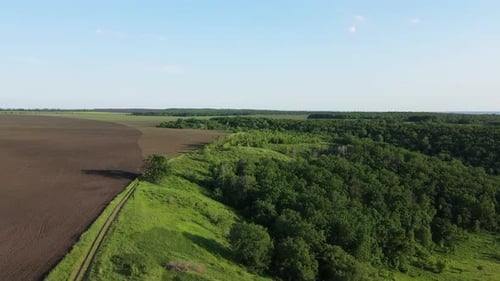 Aerial View of a Beautiful Landscape. The Road Along the Cultivated Field