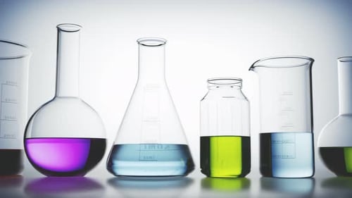 Scientific Laboratory Glassware with Panning Colorful Liquids