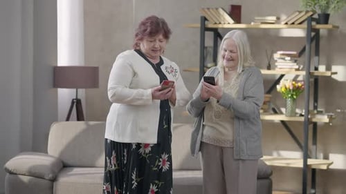 Two Senior Women Using Mobile Phone Together Indoors