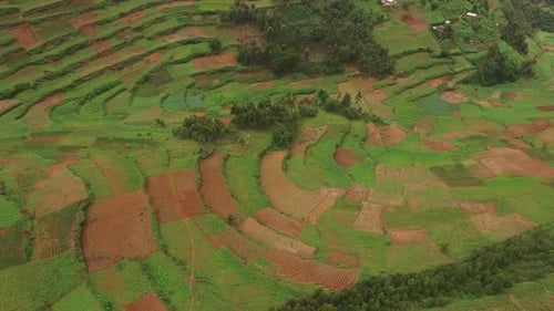 Aerial view of a village on hills in Uganda