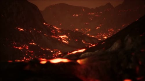 Rot-orange lebendige geschmolzene Lava fließt auf graues Lavafeld und glänzendes felsiges Land