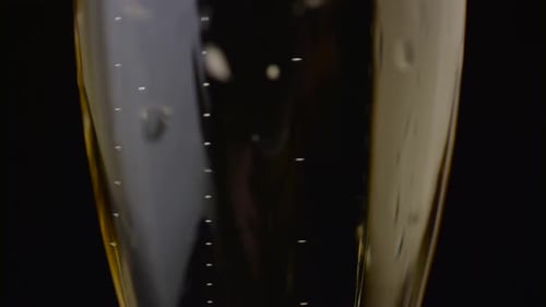 Bubbles of a Sparkling Drink Rise Up the Glass. Black Background. Close Up
