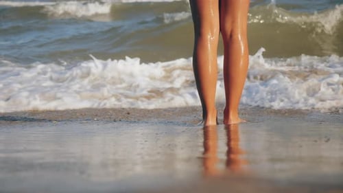 Girl Feet Washed By Sea Waves, Close-up