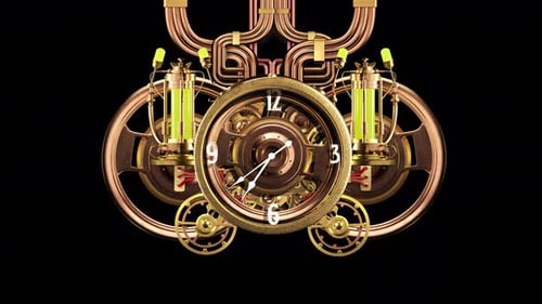 Animated Steampunk Clock Mechanism with Glowing Tubes