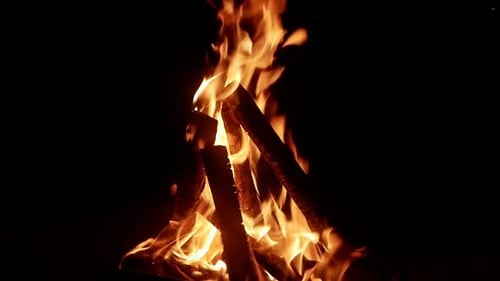 Burning Wood Stacked High Flames Against Black Backdrop