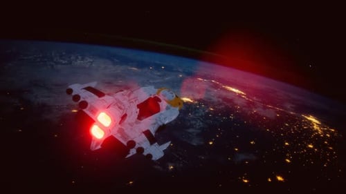 Spaceship Flying Over Earth Night Sky Animation