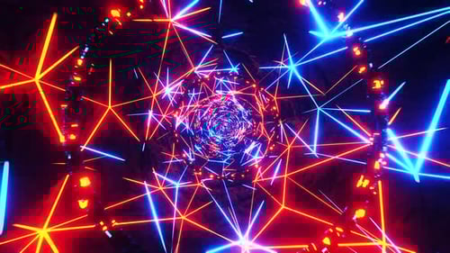 Flying through a neon tunnel with rings. Infinitely looped animation