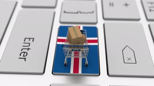 Computer Keyboard Key with Flag of Iceland and Shopping Cart