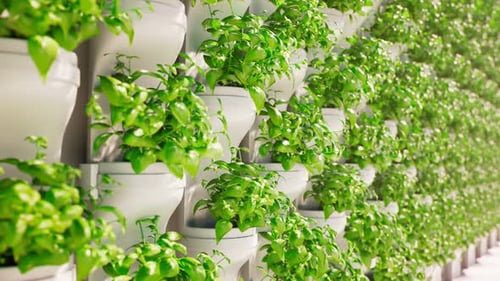 Green wall.Hydroponic in the greenhouse. Herb plantation with watering system.