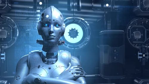 Futuristic AI Robot Character in Sci-Fi Technology Background