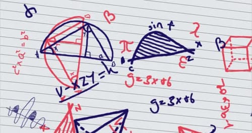 Mathematical equations moving against white lined paper