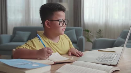 Asiatischer kleiner Junge mit Videoanruf, online lernen. Kinder benutzen Laptop und macht sich Notizen